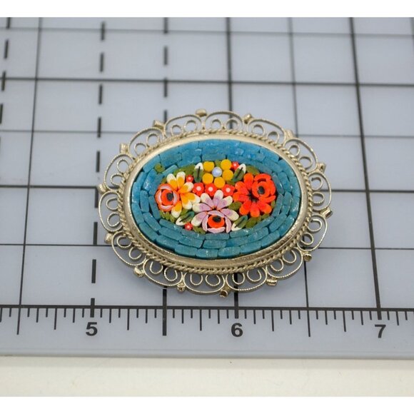 Millefiori Italian Micro Mosaic Pin Brooch Oval Filigree Floral Design … - Picture 5 of 5